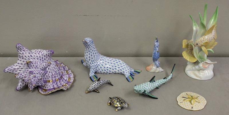 Herend Sea Creature Grouping.: Includes a sea horse, a shark, a turtle, a sand dollar, a seal, a dolphin, a conch shell, and a grouping of fish and seaweed. Total of 8 items. From a Bedford Corners, NY estate.