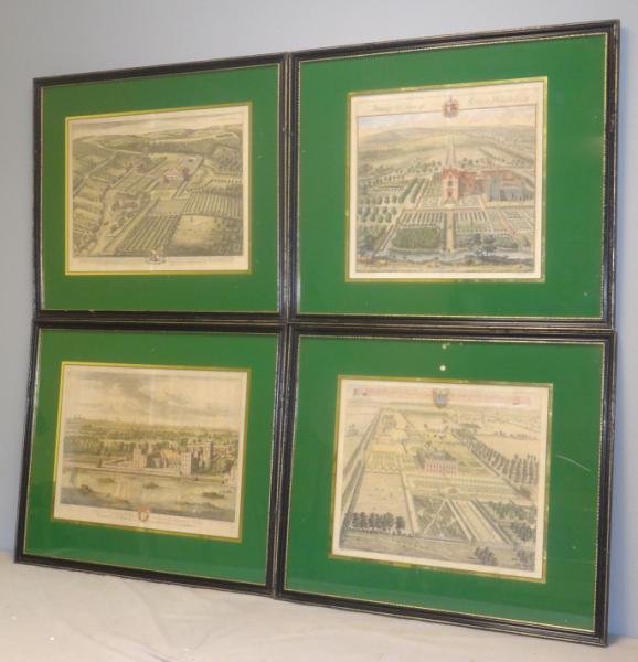 Set of 4 Hand-Colored Engravings in Eglomise: Frames. 'Londesburgh, plate 31 from Britannia,' IllustrataAmney the Seat of Robert Pleydell,' 'Lambeth, His Grace the Lord Archbishop of Canterburys Pallace. Lambeth la Maison de L'Archevesque de Cant