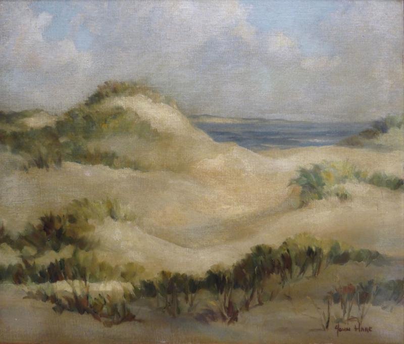 HARE, John. Oil on Board "Provincetown Dunes.": Signed lower right. Inscribed and titled verso, old label verso. John Cuthbert Hare, American, 1908 - 1978. From a Connecticut estate. Dimensions: 15.75" high x 20" wide. Condition: Yellowed varnish a