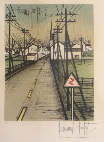BUFFET, Bernard. 1961 Lithograph "La Petite Route": Pencil signed lower right, inscribed E.A. lower left. Old Korvette Art Gallery label verso. From a Manhattan NYC estate. Dimensions: 13.5" high x 10.5" wide. Condition: Good, lightly toned. Not examin
