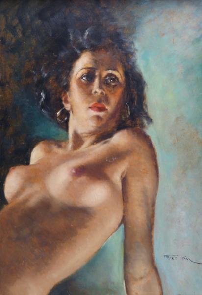 FRIED, Pal. Oil on Masonite "Gypsy Girl.": Signed lower right, titled verso. Pal Fried, Hungarian-American, 1893 - 1976. From a Connecticut estate. Dimensions: 22" high x 17" wide. Condition: Minor cracking lower right, surface dust.
