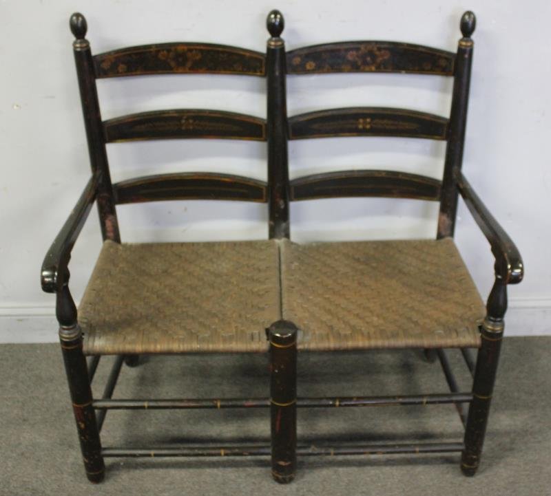 Antique American Stenciled Settee.: Ladderback with original stencil decoration. From a Bronxville, NY estate. Dimensions: 35" w x 17" d x 37" h. Condition: