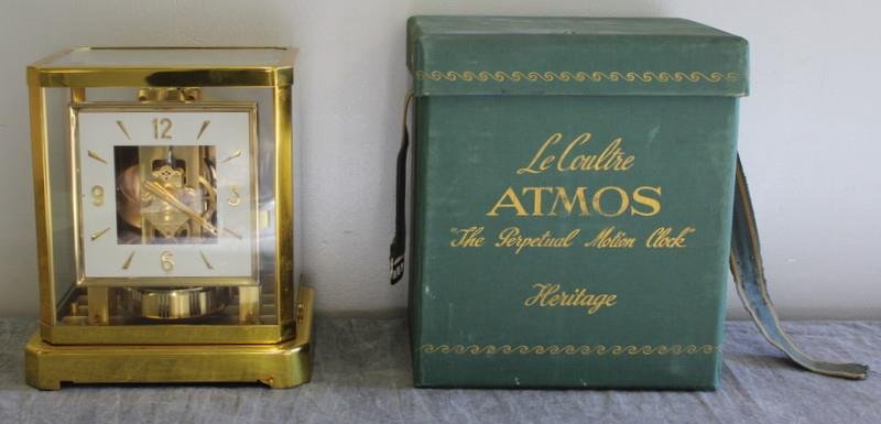 Original Boxed Jaeger Le Coultre Atmos Clock,: Serial No. 111377. From a Larchmont, NY estate. Dimensions: 8.25" w x 6.5" d x 9.25" h. Condition: Appears to be unused and in mint condition, but all clocks sold as is.