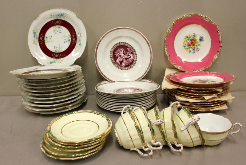 English Porcelain Lot.: Includes 12 Wedgwood Cipriani 8.75" plates, twelve 9.5" unsigned (some as is), twelve 9" Minton and 6 Spode cups and saucers. From a Connecticut estate.