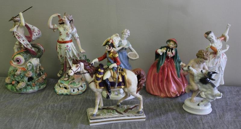 Lot of 6 Porcelain Figurines.: Includes 2 Rosenthal, puttin 9," girl feeding birds, 9," Capodimonte Napoleon 6.5" x 10" high, Doulton "Lady Chamberian," and 2 unsigned possibly early Staffordshire with small losses, 11" high. From