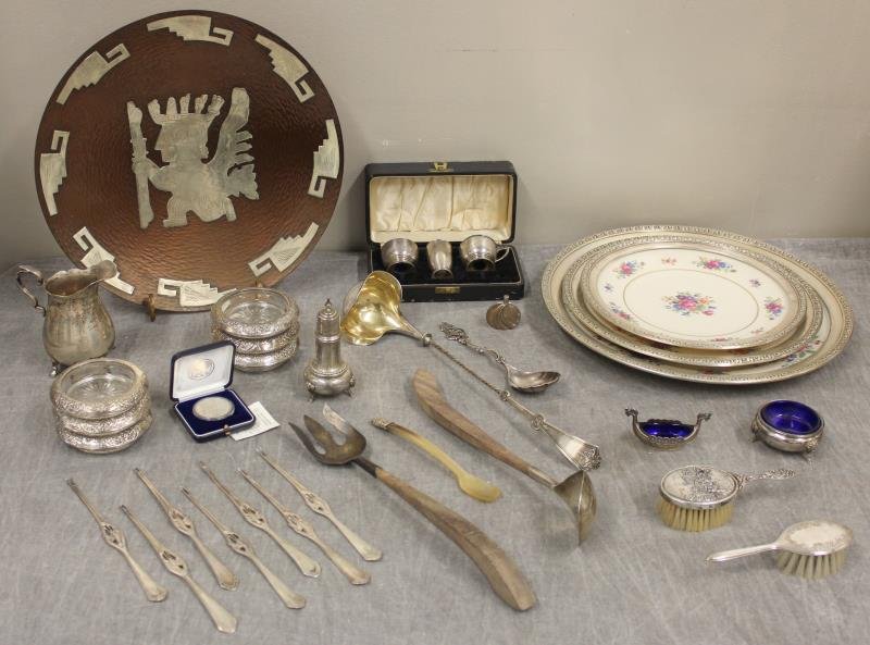 STERLING and .800 SILVER. Misc Grouping.: Includes a Peruvian handhammered plate with silver overlay design, 3 Lenox _x000D_ "Rose" plates of various sizes with sterling rims, a Mexican perfume bottle, 6 Whiting crystal and sterling coasters,