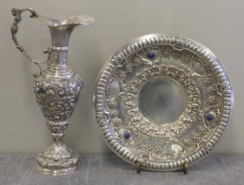SILVER. Impressive .800 Silver Repousse Ewer and: Undertray. With lapis or Sodalite cabochons. Marked .800, with additional hallmarks. Total approximate weight of both items is 61 troy oz. From a White Plains, NY estate. Dimensions: ewer - 17" high;