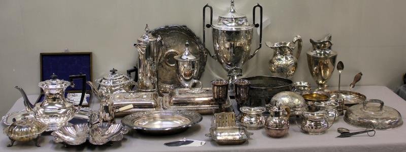 Silverplate. Large Lot of Assorted.: Includes a tea set, cups, plates, kettles, etc,. Approx 26 pieces. From a Connecticut estate.