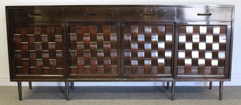 Midcentury Dunbar Woven Front Server.: Possibly refinished. Brass rods to woven front and patinated brass legs. Fitted drawers to ends and open space cabinetry to interior center. From a Long Island, NY estate. Dimensions: 81.5"w x 18"d x 