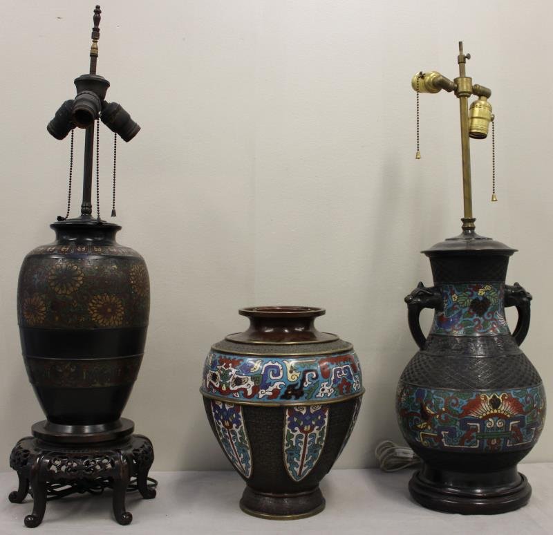 Asian Enamel or Champleve Lot.: Includes a vase with insert; a handled vase as a lamp; and another vase as a lamp. From a Connecticut estate. Dimensions: heights excluding lamp parts and base - 12," 14," and 12" high. Condition: Gen