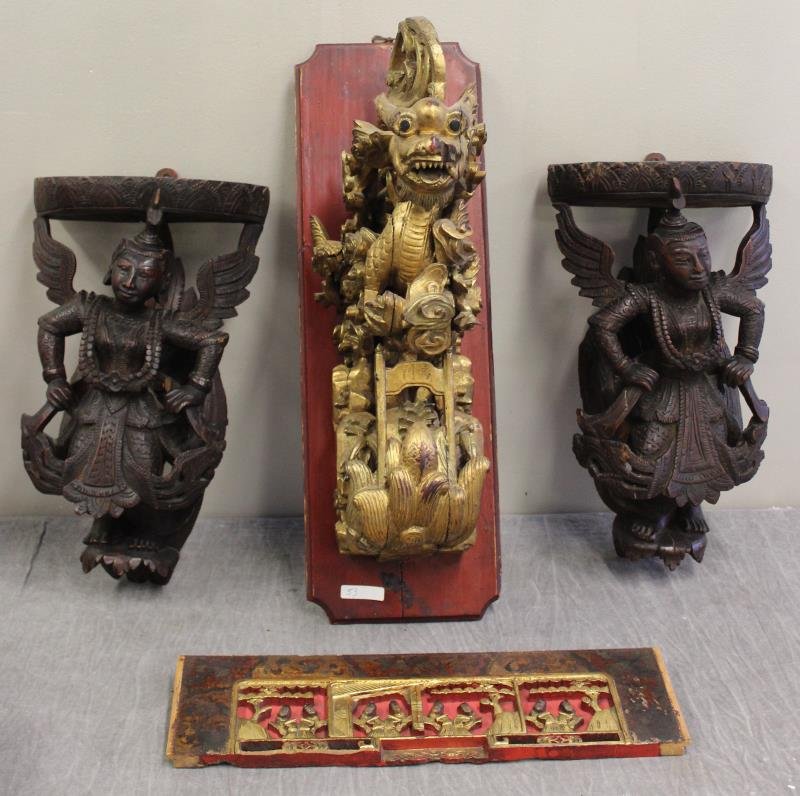 Asian Architectural Lot.: Includes an antique gilded dragon fragment - now mounted on a plaque, please take note of the inscription; and a pair of early carved Southeast Asian bracket shelves; and a small fragment panel. From 