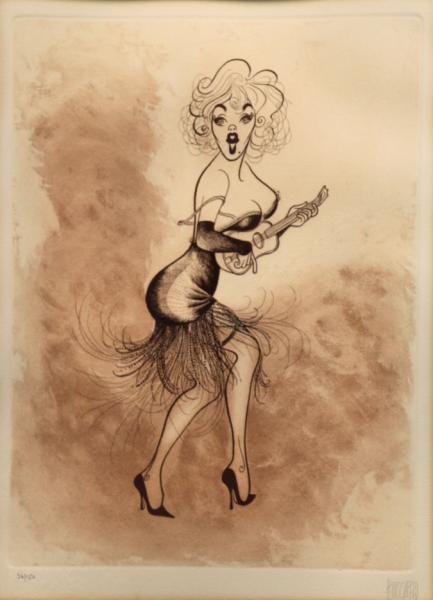HIRSCHFELD, Al. Etching "Marilyn Monroe in Some: Like it Hot." Pencil signed lower right, numbered 36/150 lower left. Al Hirschfeld, American, 1903-2003. From a Manhattan NYC apartment. Dimensions: Plate - 15.5" high x 11.75" wide. Condition: Good,
