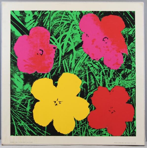 Any Warhol Silkscreen Poster "Flowers.": Printed by the Leo Castelli Gallery in 1978. From a Fifth Ave NYC apartment. Dimensions: Sheet - 27" square, image - 24" square. Condition: Unframed. A strong image with vivid colors. Light moisture s