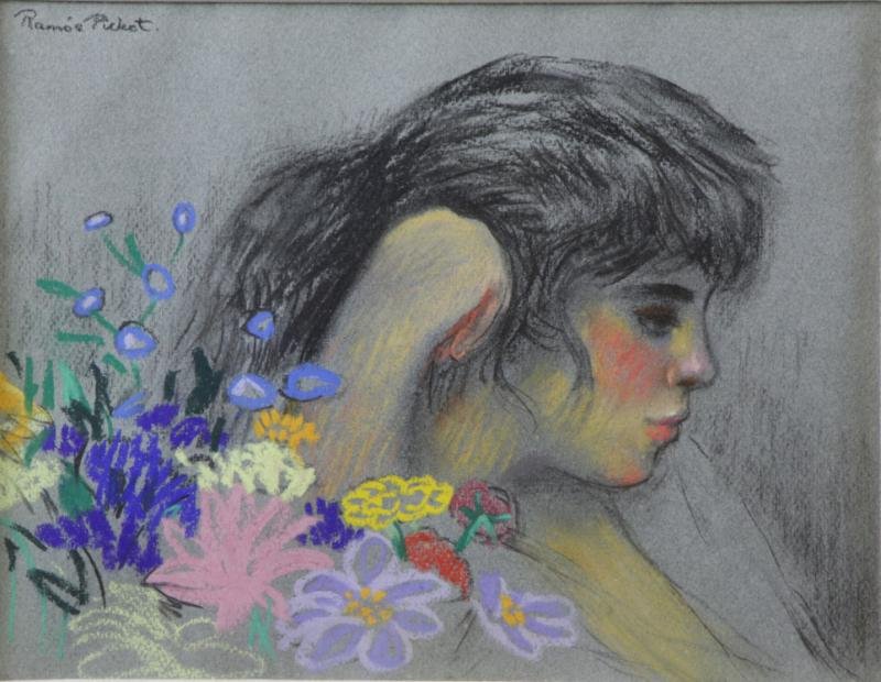 PICHOT SOLER, Ramon. Pastel of a Girl with Flowers: Signed 'Ramon Pichot' upper left. Artist's inscription and dedication verso: 'Merry Christmas / and / Best Wishes/ for a / Happy New Year / Ramon.' Ramon Pichot Soler, Spanish, 1925-1996. From a Mysti