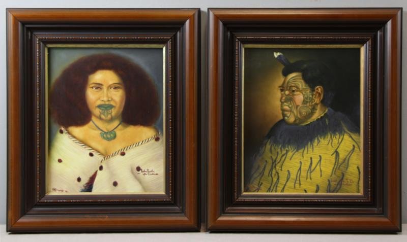 Pair of Maori Portraits on Porcelain Plaques.: Portraits of Raiha Reretu and Tamati Waka Te Puhi by S. A. Simpson after Gottfried Lindauer, New Zealand's leading painter of Maori in the 19th century. Both signed and dated 1984 lower left and title