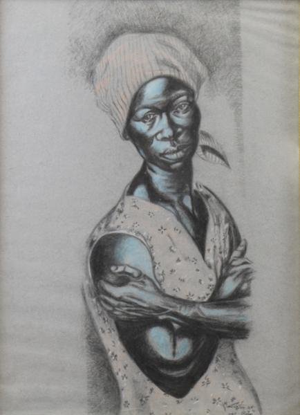 CATON, Mitchell. Charcoal on Paper Portrait of: Betty Mitchell, the Artist's Wife. Theodore Burns Mitchell a.k.a. Mitchell Caton, African American, 1930-1998. Caton, a celebrated muralist whose public pieces still adorn the streets of Chicago rarel