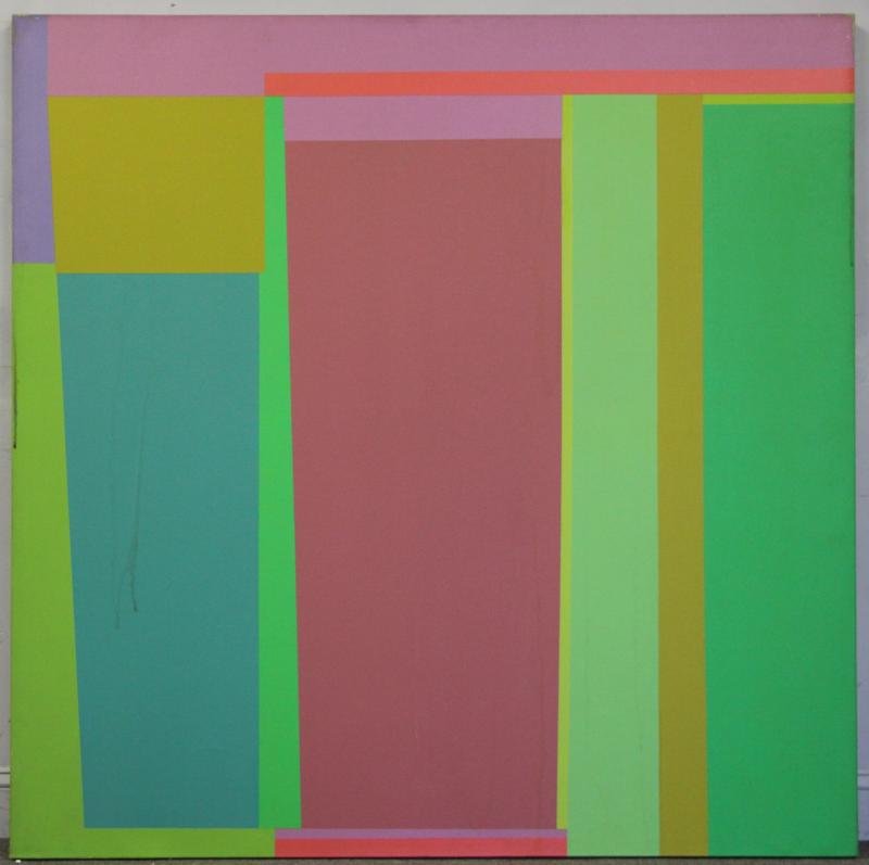 JOHNSON, Daniel La Rue. Abstract Oil on Canvas.: Signed and dated 71 verso. Daniel LaRue Johnson, African-American, b. 1938. From an NYC storage facility. Dimensions: 60" square. Condition: Surface staining and scuffing. Unframed. Moisture drips alo