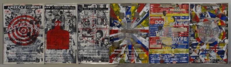 DUNCAN, Keith. 6 Mixed Media Collage Faux Movie: Posters. 2 sets - "Death of Hip Hop" trilogy and "Don't Believe the Hype" trilogy. Keith Duncan, African-American, 20th/21st C. From a New York storage unit. Dimensions: 35" high x 23" wide. Condition