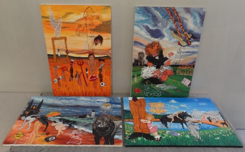 DUNCAN, Keith. 4 Satirical/Sociopolitical Oils on: Canvas. 3 signed, one inscribed verso with artist's name, one titled verso. Keith Duncan, African-American, 20th/21st C. From a New York storage unit. Dimensions: 2- 36.25" high x 24" wide, 2- 24" hig