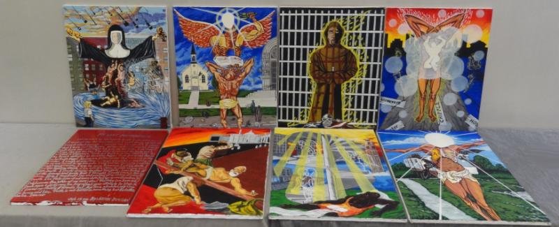 DUNCAN, Keith. 8 Satirical/Sociopolitical Oils on: Canvas. 1 signed, all inscribed verso with artist's name. Keith Duncan, African-American, 20th/21st C. From a New York storage unit. Dimensions: 7 - 28" high x 22" wide, 1 - 24" high x 20" wide.