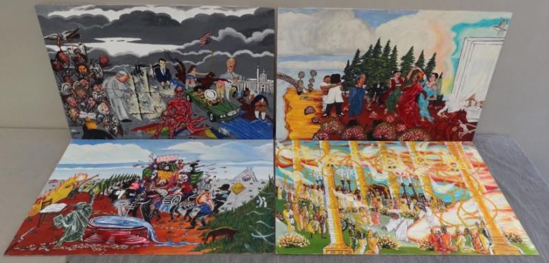DUNCAN, Keith. 4 Satirical/Sociopolitical Oils on: Masonite. Unsigned, all inscribed with artist's name verso. Keith Duncan, African-American, 20th/21st C. From a New York storage unit. Dimensions: 24" high x 36" wide. Condition: Unframed, good.