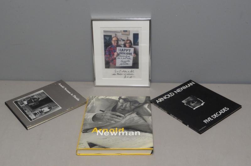 NEWMAN, Arnold. "Happy Holidays" Signed Card: Together with Three Hand Signed and Dedicated Books. "Arnold Newman" by Philip Brookman, personally dedicated to Al (Lowy) signed and dated 2000 on the title page. "Arnold Newman / Five Decades" perso
