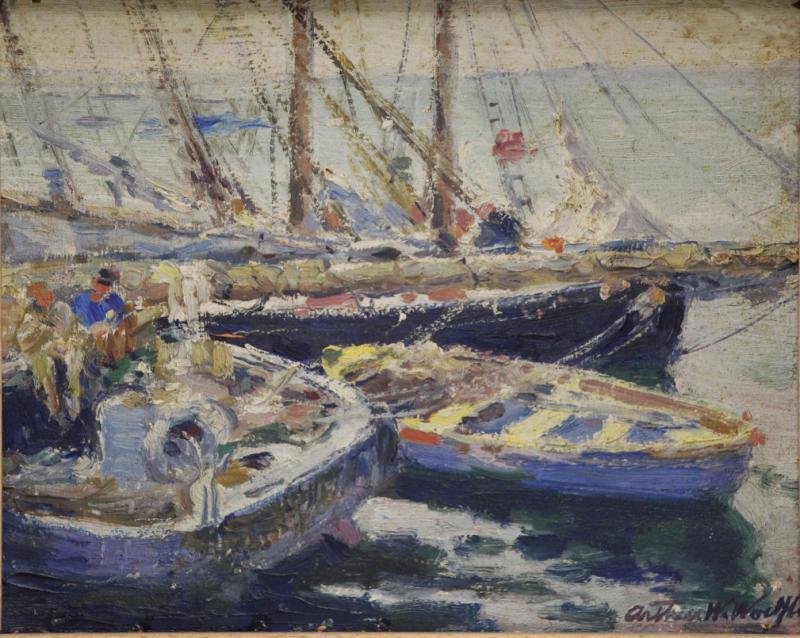 WOELFE, Arthur. Oil on Board "Cape Code Boats.": Signed lower right. Salmagundi Club label verso. Titled and dated 1924 (?) verso. Arthur William Woelfle, American - active in New York, 1873 - 1936. From a Westchester, NY estate. Dimensions: 8" high