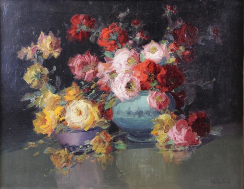 VAN VREELAND, Francis. Oil on Canvas. Still Life: with Roses. Signed lower right. Old label with $650 price verso. Francis William van Vreeland, American, 1879-1954. From a Larchmont, NY home. Dimensions: 25" high x 32.25" wide. Condition: Old waxing