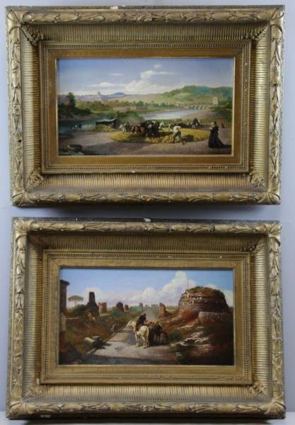 QUAEDVLIEG, Carel. Pair of Oils on Canvas.: Corn Threshers in Italian Countryside - signed 'Ch. Quaedvlieg' lower right, condition: some areas of inpaint fluoresce under UV light along horizon line at upper left and upper right and to upper cor