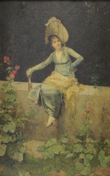 JIMENEZ Y ARANDA, Luis. Oil on Canvas of a Beauty: on a Ledge. Signed and dated lower left: 'Luis Jimenez / Paris 1877.' Luis Jimenez y Aranda, Spanish, active in France and Spain, 1845 - 1928. From a Yorktown Heights, NY estate. Dimensions: 16.5" hig