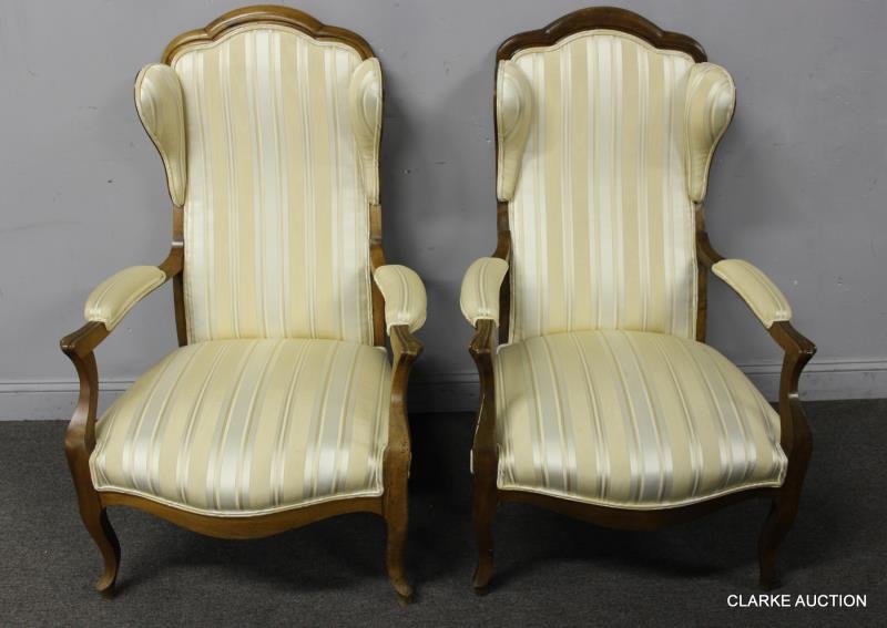 Pair of 19th Century French Provincial Armchairs.: These chairs were mistakenly referred to as Pierre Deux in our preview video, but are in fact antique. From a Scarsdale, NY estate. Dimensions: 36" wide x 20" x 44" high.