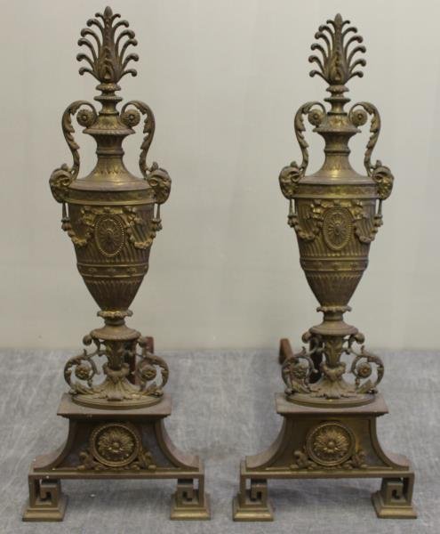 Pair of Gilded Bronze Urn Form Andirons.: From a Sloatsburg, NY location. Dimensions: 10.375" w x 24.25" d x 27.25" h.