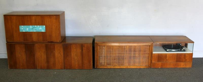 Midcentury 3 Piece Wall Mounted Cabinet.: Includes a wall mounted bar with inlaid tile front and mirrored interior, a cane drop front cabinet with hi-fi equipment and speaker interior, a drop front speaker cabinet, and a glass front and drawe