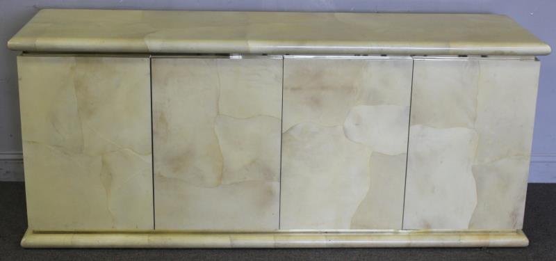 Midcentury Goatskin and Brass Sideboard.: With fitted interior and adjustable shelves. Stamped on the back, "Made in Columbia." From a Whitestone, NY estate. Dimensions: 72"w x 20"d x 30"h. Condition: Good.