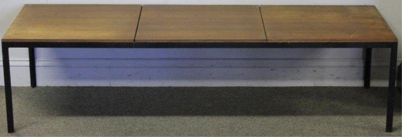 Midcentury Knoll Segmented Coffee Table.: Rectangular coffee table with black painted "T Angle" legs and three panel segmented top. Knoll label. From a Queens, NY estate. Dimensions: 60" wide x 12" deep x 15.75" high. Condition: Good overall.