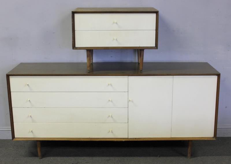 Midcentury Paul McCobb Style Chest of Drawers.: Together with matching two drawer end table. Both with white painted fronts, hourglass pulls and tapered legs. Unmarked. From a Long Beach, NY estate. Dimensions: Chest - 71" w x 19" d x 32" h; End Ta