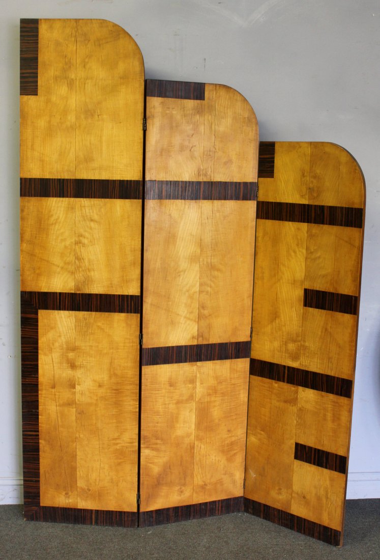 Art Deco 3 Panel Screen.: With rosewood inlays in the style of Gilbert Rohde. From a Mamaroneck, NY estate.