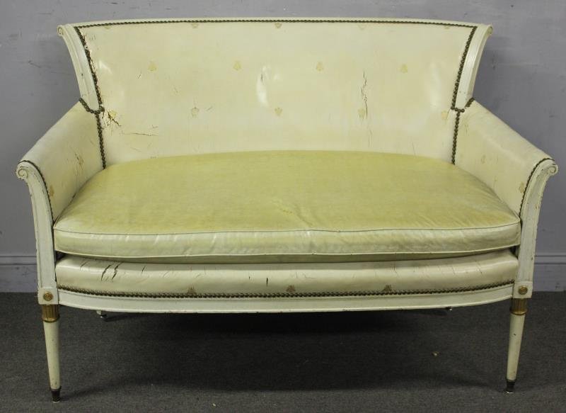 Venetian Style Paint & Gilt Decorated Settee.: Raised on brass feet. From a Manhattan, NY estate. Dimensions: 51" w x 22" d x 34" h.