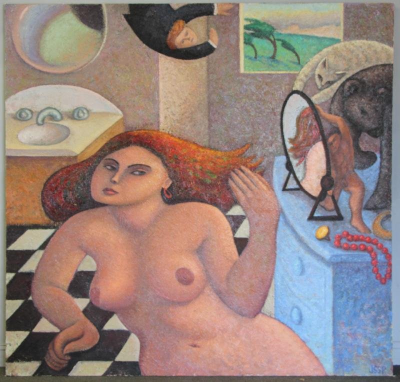 JESSUP, Robert. Oil on Canvas "The Reflection of: Venus." Signed lower right and signed, titled and dated 1983 verso. Robert Jessup, American, b. 1952. From a Pound Ridge, New York estate. Dimensions: 80" high x 83.5" wide. Condition: Good, unframed,