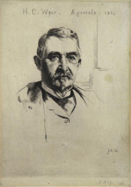 WEIR, J. Alden. Etching of H.C. Weir - Agricola.: Initialed in the plate and signed in pencil lower right. Kennedy Galleries Inc. label verso. Julian Alden Weir, American, 1852-1919. From a Scarsdale, NY estate. Dimensions: Plate - 7.75" high x 6" wi