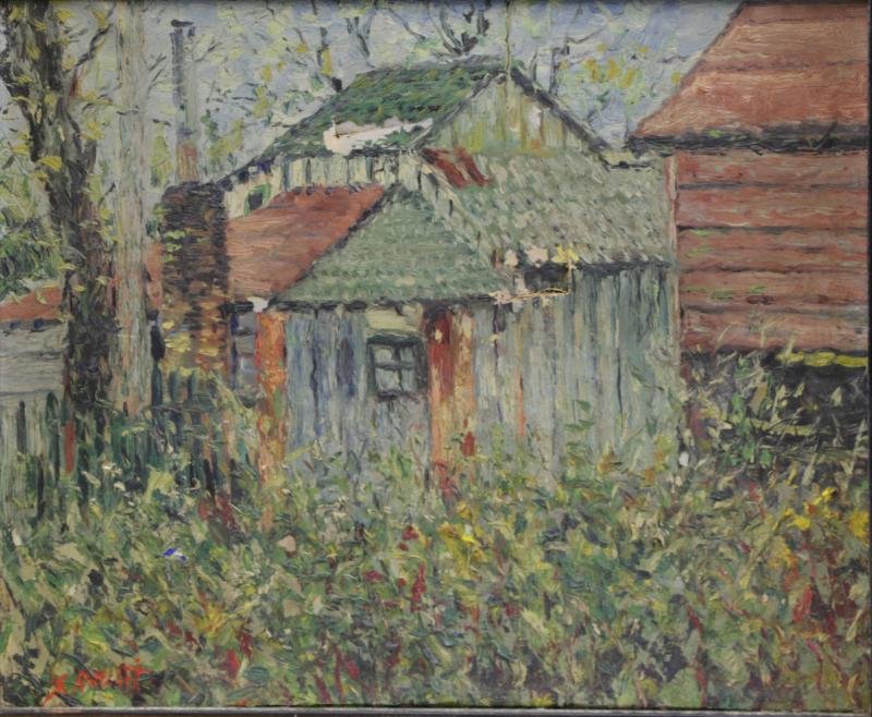ROTHBORT, Samuel. Oil on Canvas of a Farmhouse.: Signed lower right. Samuel Rothbort, Russian/American - active in New York, 1882 - 1971. From a Long Island, NY estate. Dimensions: 15.25" high x 19.25" wide. Condition: As is - two L-shaped tears mea