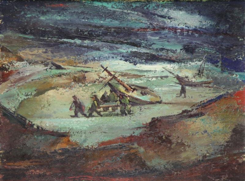 ROSE, Iver. Oil on Masonite "Wreck on the Beach.": CW Kraushaar Art Gallery, New York label verso. Iver Rose, American, 1899 - 1972. From a Manhattan, NYC estate. Dimensions: 9.5" high x 12.75" wide. Condition: Surface dust, otherwise good.