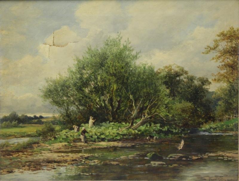 BATES, David. Oil on Canvas "By Ways in: Shakespeare's Country / The Island Below Stratford." Signed and inscribed 902 lower right. Inscribed and titled verso. Old paper label with artist's bio verso. David Bates, British, 1840 - 1921. From