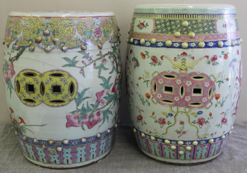 Two Similar Vintage Chinese Porcelain Barrel Form: Garden Seats. One finely painted with dragon design, the other with peaches. From a Queens, NY estate. Dimensions: 12" diameter x 19" high. Condition: Dragon seat in good condition; peaches seat with 