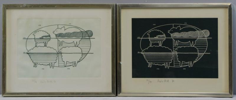 ROTH, Dieter. Pair of Etchings From "In der Ferne": Both pencil signed and dated 1972 and numbered 32/90. Triton Gallery, New York label verso. Dieter Roth, Swiss, 1930-1998. From a Central Park West, NYC estate. Dimensions: Plate - 8.25" high x 11.5"
