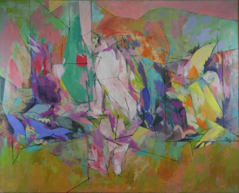 MOORE. 1970 Oil on Canvas Abstract Composition.: Signed and dated lower right. From a Dobbs Ferry, NY home. Dimensions: 48" high x 60" wide. Condition: A few very small areas of cracking/flaking.