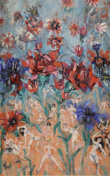 EVERGOOD, Phillip. Oil on Canvas "Little People's: Twist." Signed lower left and numbered LXII for 1962. Signed and titled verso. Philip Evergood, American, 1901 - 1973. From a Dobbs Ferry, NY home. Dimensions: 32" high x 21" wide. Condition: Overall 