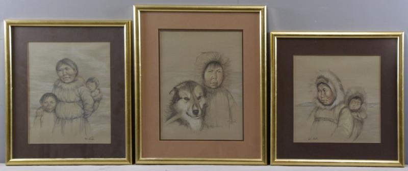 NOEH, Anna T. 3 Inuit Portrait Drawings.: Charcoal and pastel on paper. All signed. Anna T Noeh, Hungarian, active in Canada, b. 1926. From a West 57th St. NYC estate. Dimensions: Mother with 2 children - 12" high x 9.75" wide, figure with do