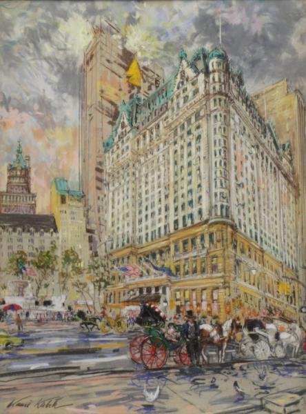 KUBIK, Kamil. Pastel on Paper. The Plaza Hotel,: New York. Kamil Kubik, Czeck, active in New York, b. 1930. From a Harrison, NY location. Dimensions: Sight - 25" high x 19" wide. Condition: Very good, not examined out of frame.