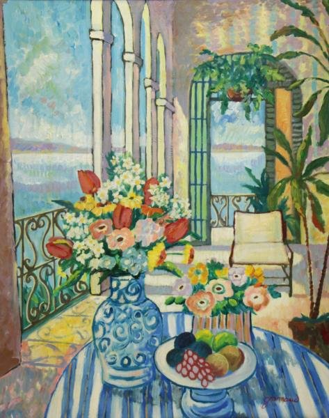 GRIMAUD, William. Oil on Canvas Interior Still: Life. Signed lower right. William Grimaud, Scottish, b. 1942. From a Harrison, NY location. Dimensions: 24" high x 30" wide. Condition: Very good.